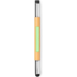 A pen with a silver finish and an orange body, featuring a green area for customisation. Includes a stylus tip.