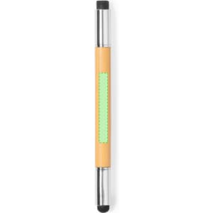 A pen with a yellow barrel, silver accents, and a rubber tip for touchscreen use. It features a logo on the body.