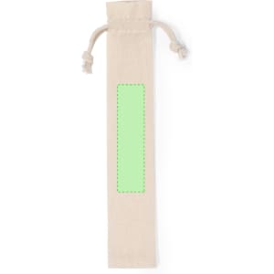 A fabric pouch with drawstring closure, featuring a blank area for branding, in a neutral colour.