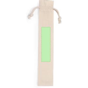 A beige fabric pouch with a drawstring closure and a green rectangular area for branding or decoration.