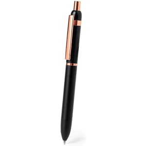 A metal pen with a sleek black body and rose gold accents, featuring a logo on the side.