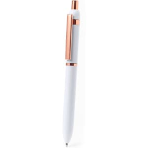 A metal pen in white with rose gold accents, featuring a clip and a sleek design.