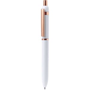 A metal pen in white with rose gold accents. Features a clip and a logo.