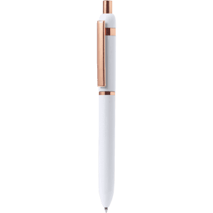 A metal pen in white with rose gold accents and a clip, featuring a sleek design and a branding logo.