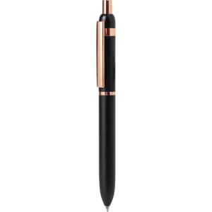 A metal pen featuring a black body and rose gold accents, with a clip and a smooth writing tip.