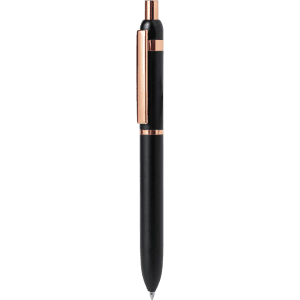 A metal pen in black with rose gold accents, featuring a clip and a sleek design, alongside a logo.