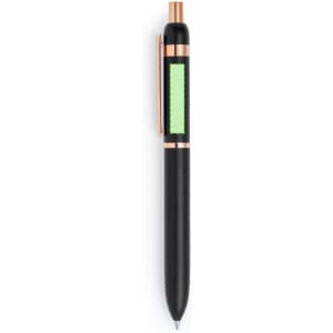 A metal pen in black with a green accent and rose gold details, featuring a clip and a logo.