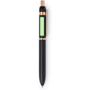 A metal pen in black and rose gold with a green accent and a logo on the body.