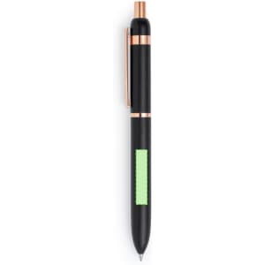 A metal pen with a sleek black body, rose gold accents, and a green grip section. Brand logo present.