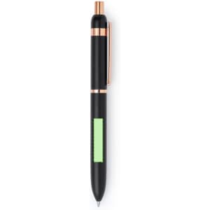 A black metal pen with rose gold accents and a green grip section. It features a logo or branding on the surface.