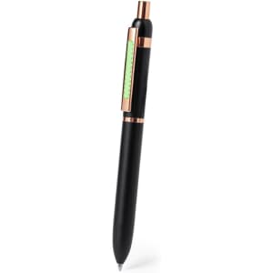A black metal pen with rose gold accents and a transparent section. Features a logo on the surface.