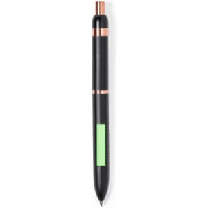 A black metal pen with rose gold accents and a green highlight section. Features a logo on its body.