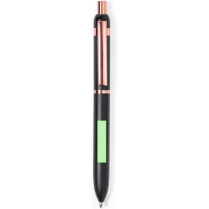 A metal pen with a black body, rose gold accents, and a green grip section. It features a branding logo.