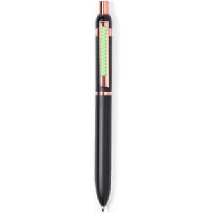 A black metal pen with a rose gold accent and a transparent green section, featuring a logo.