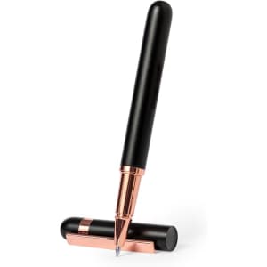 A black pen with a rose gold trim, positioned upright beside its cap, featuring a sleek and modern design.