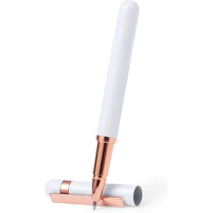 A white pen with a rose gold tip and a matching cap rests beside it. The pen features a sleek design and branding.