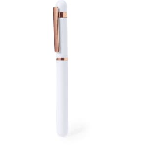 A white pen with rose gold accents, featuring a sleek design and a clip. It has a branding logo.