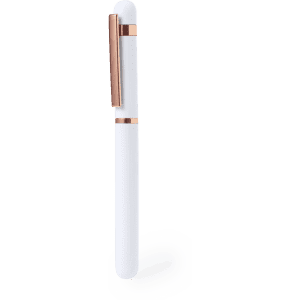A white pen with a rose gold clip and accents, featuring a sleek and modern design. It has a branding logo.