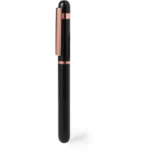 A black pen with a sleek design and rose gold accents, featuring a clip for easy attachment.