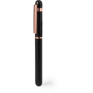 A black pen with rose gold accents and a clip, featuring a sleek design and no visible branding.