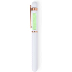 A white pen with a rose gold clip and a green section for customisation. The pen has a sleek, modern design.
