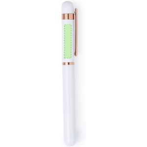 A white pen with a green rectangular section and a rose gold clip. The pen has a smooth finish and a modern design.