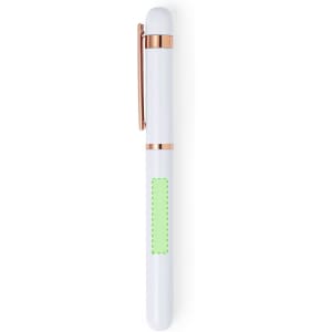 A white pen with rose gold accents and a green section. It has a sleek, modern design and features a clip.