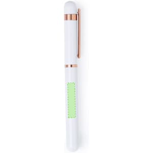 A white pen with a rose gold clip and a green highlight area. The pen features a sleek design and branding.