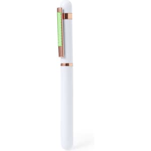 A white pen with a gold and green accent, featuring a simple, sleek design and a branding logo.