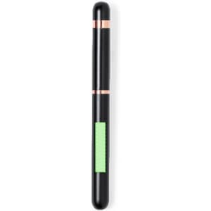 A black pen with rose gold accents and a green grip area. It features a logo on its surface.