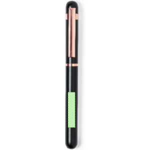 A black pen with a rose gold clip and a green grip section, featuring a branding logo.
