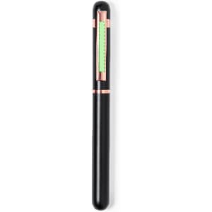 A black pen with a rose gold accent and a translucent green section, featuring a brand logo.