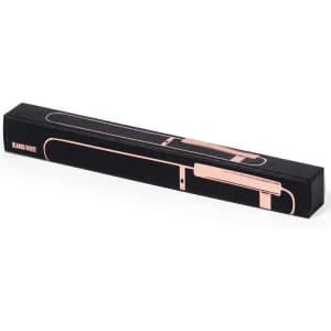 A black packaging box with rose gold accents for a product named "Kasey Roller", featuring a logo.