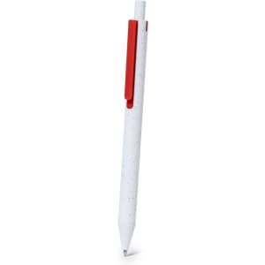 A white plastic pen with a red clip and speckled design, featuring a sleek and minimalistic shape.