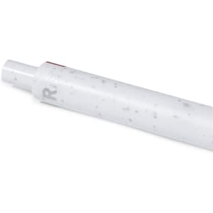 A white plastic pen with speckled design and a branding logo.