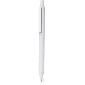 A white plastic pen with a streamlined design and a logo on the body.