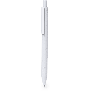 A white plastic pen with a clip and a sleek design. It features a subtle speckled pattern and has branding.