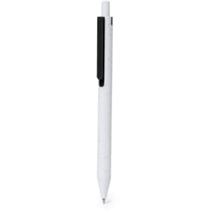 A plastic pen in white with black accents, featuring a clip and a sleek design.