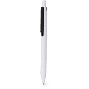 A plastic pen in white with a black clip, featuring a simple design and a branding logo.