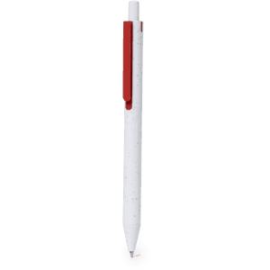 A white plastic pen with a red clip and a round end, featuring a logo on the barrel.