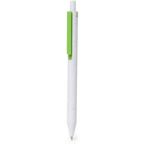 A plastic pen with a white body and green clip, featuring a brand logo.