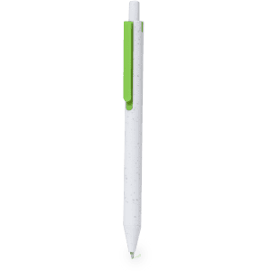 A white plastic pen with a green clip and a transparent section at the end. The pen features a simple design and branding.