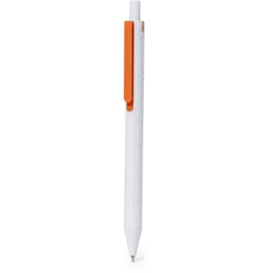 A white plastic pen with an orange clip, featuring a speckled design and a branding logo.