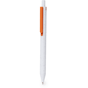 A white plastic pen with a bright orange clip, featuring a branding logo.