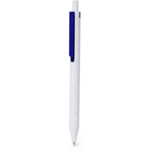 A plastic pen in white with a blue clip, featuring a logo.