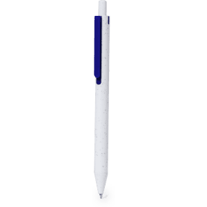 A white pen with blue accents and a branding logo. The design features a smooth, sleek finish.