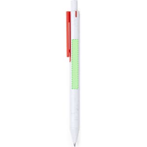 A plastic pen in white with a red clip and a green section for branding.