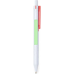 A plastic pen in white with a green highlight and a red clip. It features a branding logo on the barrel.