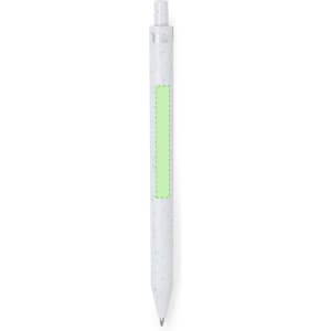 A white plastic pen featuring a green accent, with a logo visible on the surface.