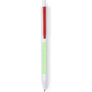 A plastic pen in white with a red clip and a green highlight area for branding or personalisation.